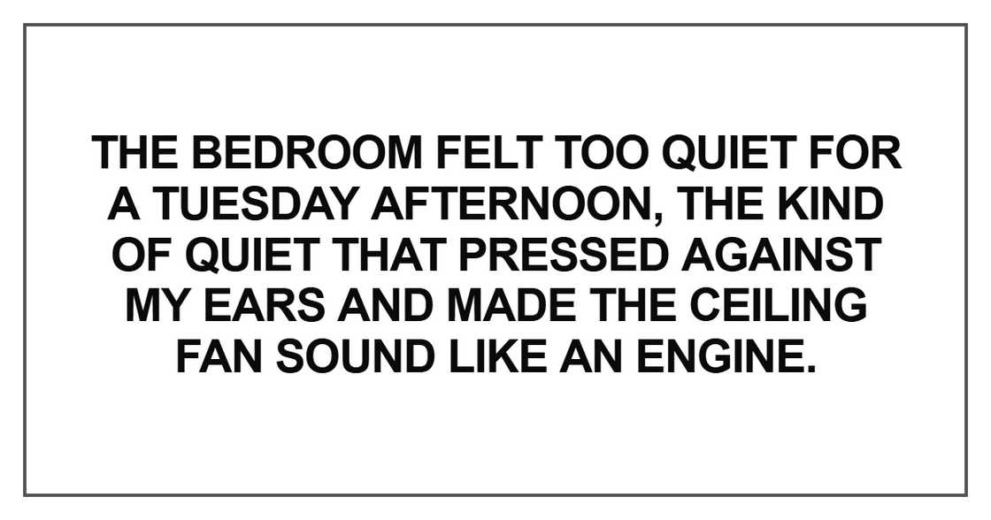 The bedroom felt too quiet for a Tuesday afternoon The bedroom felt too quiet for a Tuesday afternoon