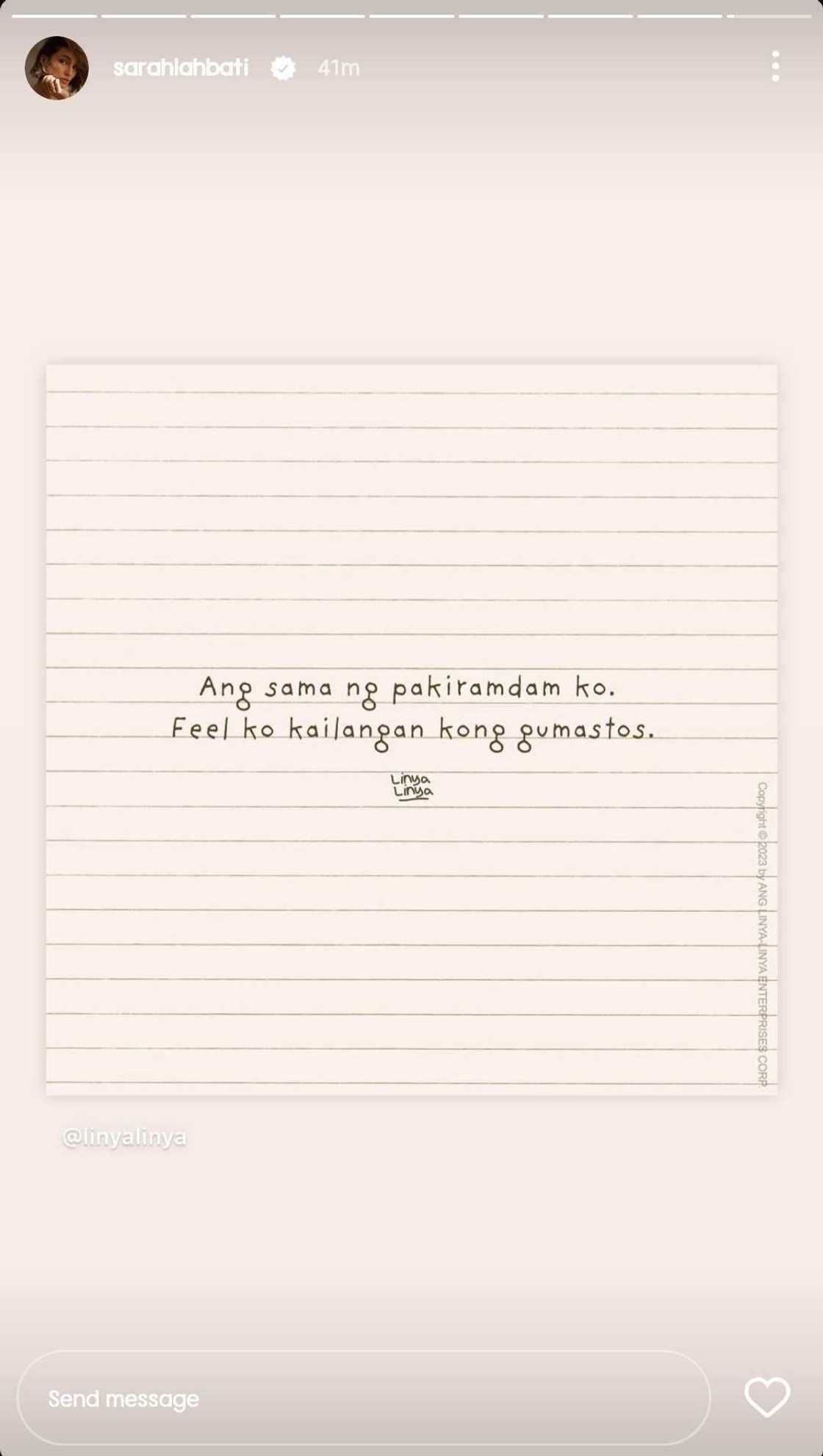 Sarah Lahbati, nag-repost ng "kailangan kong gumastos" quote card