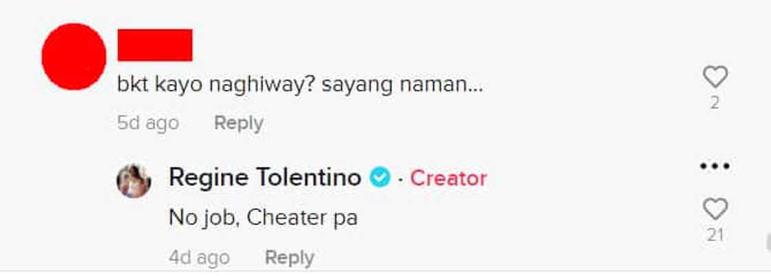 Regine Tolentino, diretsahang sinabing "no job at cheater" umano ang dating asawa Regine Tolentino, diretsahang sinabing "no job at cheater" umano ang dating asawa