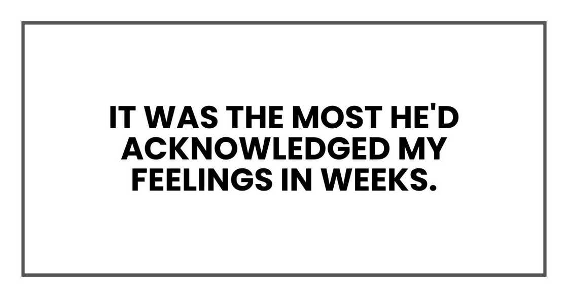 It was the most he'd acknowledged my feelings in weeks. It was the most he'd acknowledged my feelings in weeks.