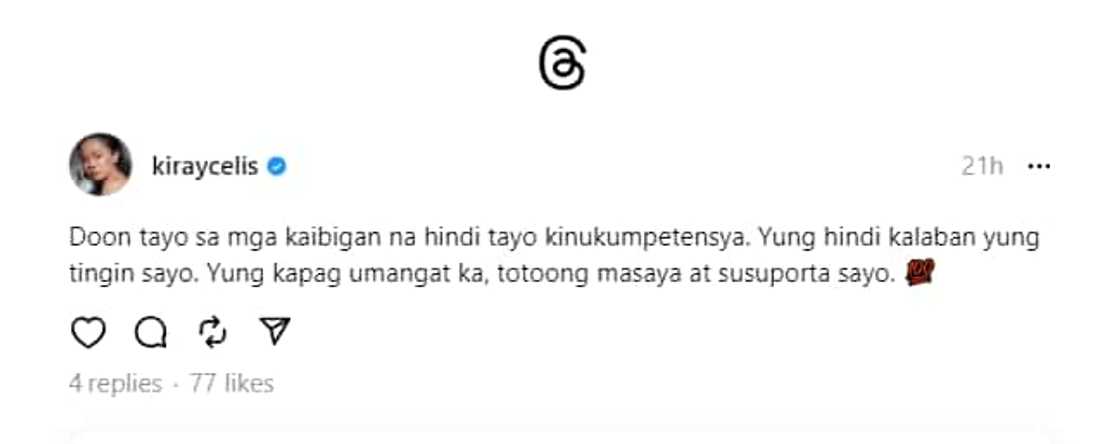 Kiray Celis, may hugot sa pagkakaibigan: "Doon tayo sa mga kaibigan na hindi tayo kinukumpetensya" Kiray Celis, may hugot sa pagkakaibigan: "Doon tayo sa mga kaibigan na hindi tayo kinukumpetensya"