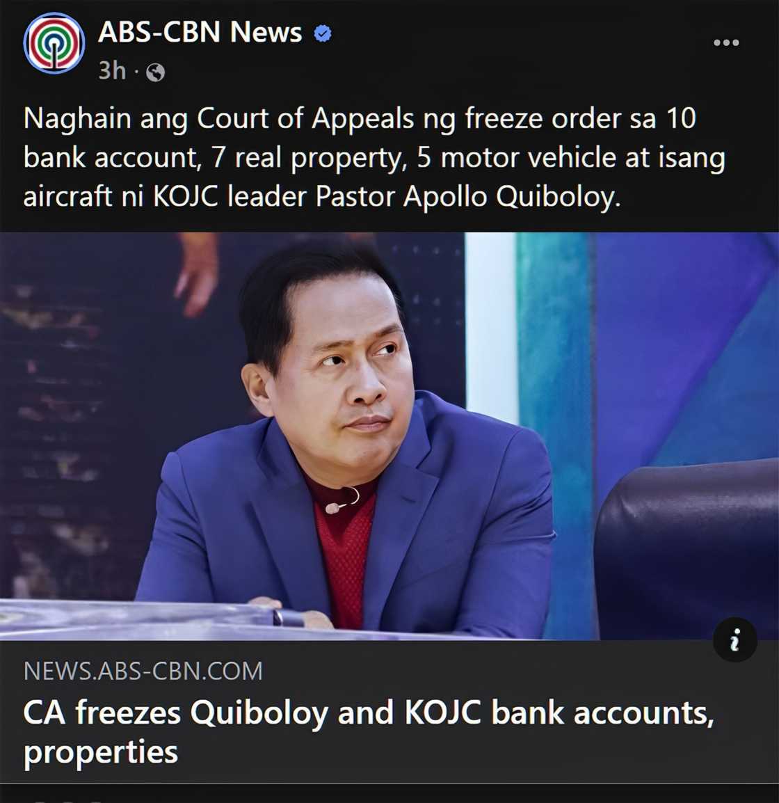 Pastor Apollo Quiboloy assets, iniutos ng Court of Appeals na i-freeze