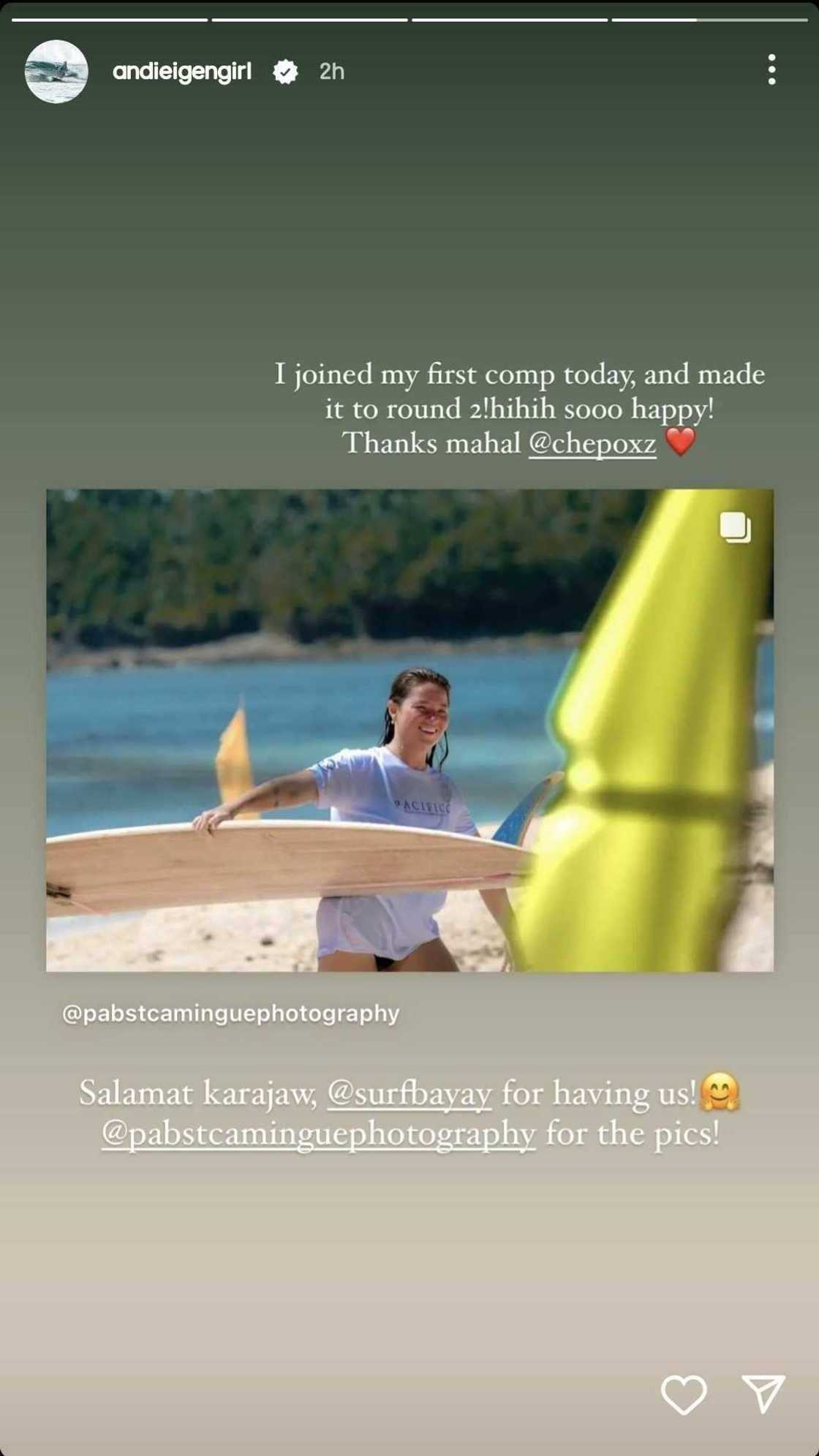 Andi Eigenmann joins her first local surfing competition; thanks Philmar Alipayo Andi Eigenmann joins her first local surfing competition; thanks Philmar Alipayo