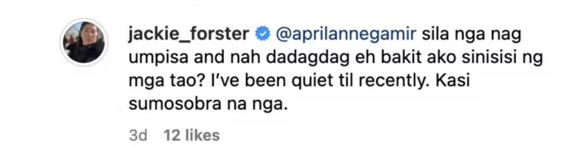Jackie Forster, pumalag sa komento tungkol sa kanyang posts: ‘Bakit ako ang sinisisi?’ Jackie Forster, pumalag sa komento tungkol sa kanyang posts: ‘Bakit ako ang sinisisi?’