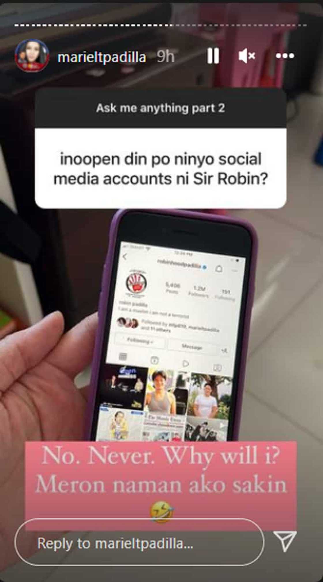Mariel Padilla replies to netizen asking if she opens Robin Padilla's social media accounts: "No. Never" Mariel Padilla replies to netizen asking if she opens Robin Padilla's social media accounts: "No. Never"