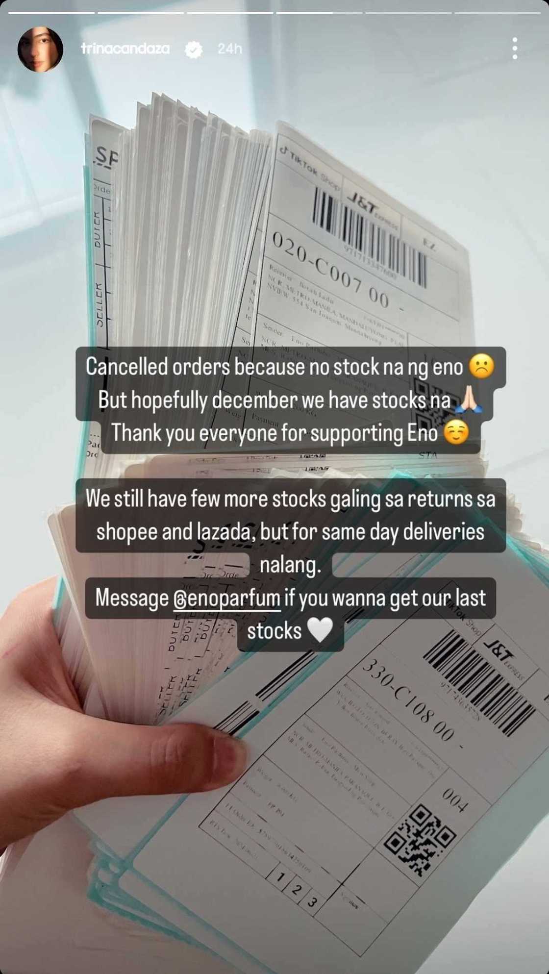 Trina Candaza, ibinida ang mga waybills ng kanyang negosyo: "No stock na" Trina Candaza, ibinida ang mga waybills ng kanyang negosyo: "No stock na"