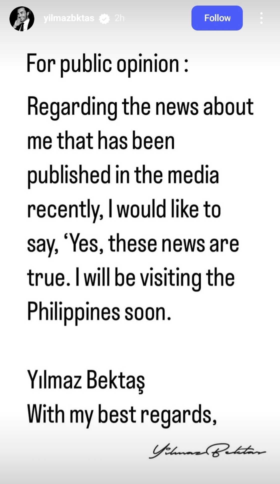 Yilmaz Bektas, kinumpirma ang mga balitang kumakalat tungkol sa kanya