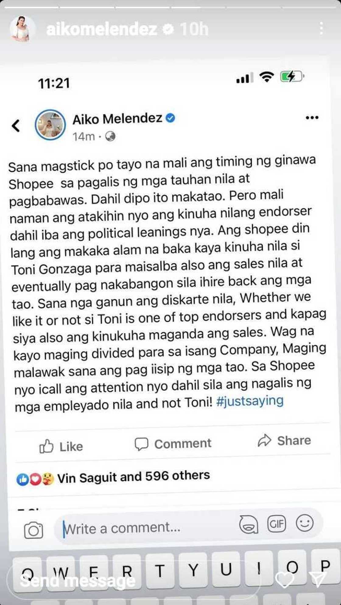 Aiko Melendez defends Toni Gonzaga; urges public to stick to Shopee’s employee layoffs issue Aiko Melendez defends Toni Gonzaga; urges public to stick to Shopee’s employee layoffs issue