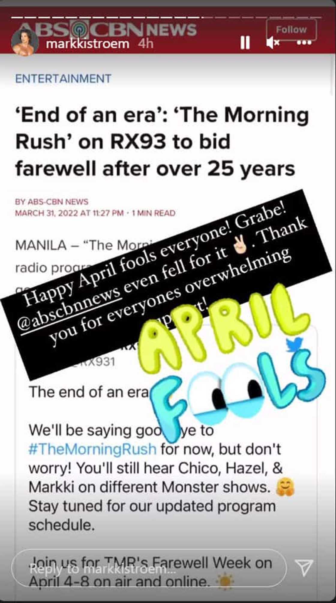 Pagsasara ng The Morning Rush ng MonsterRX, April fools prank lang; hashtag #NilolokoMoKoEh, nag-trending Pagsasara ng The Morning Rush ng MonsterRX, April fools prank lang; hashtag #NilolokoMoKoEh, nag-trending