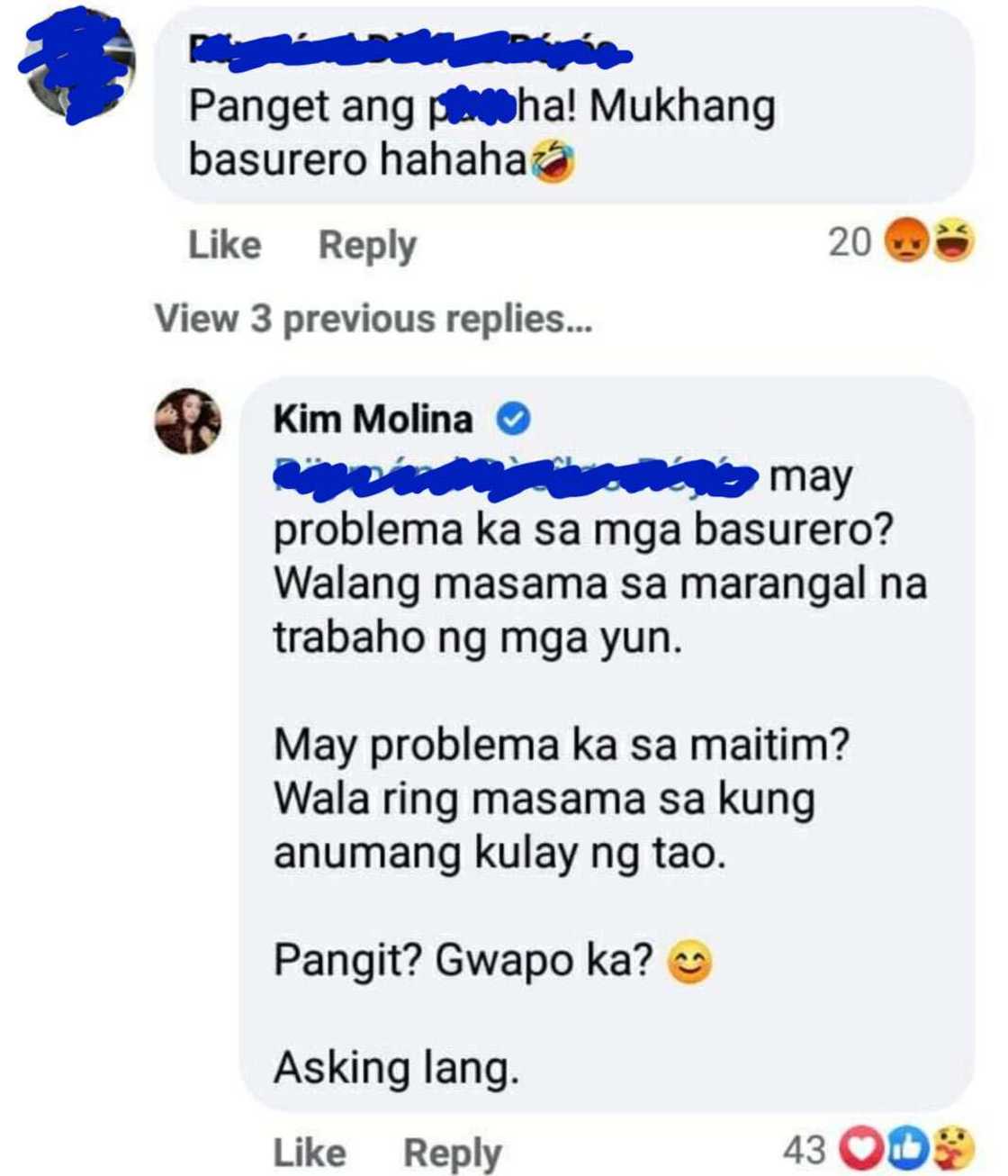 Kim Molina, ‘di pinalampas ang comment ng basher: “May problema ka sa mga basurero?”