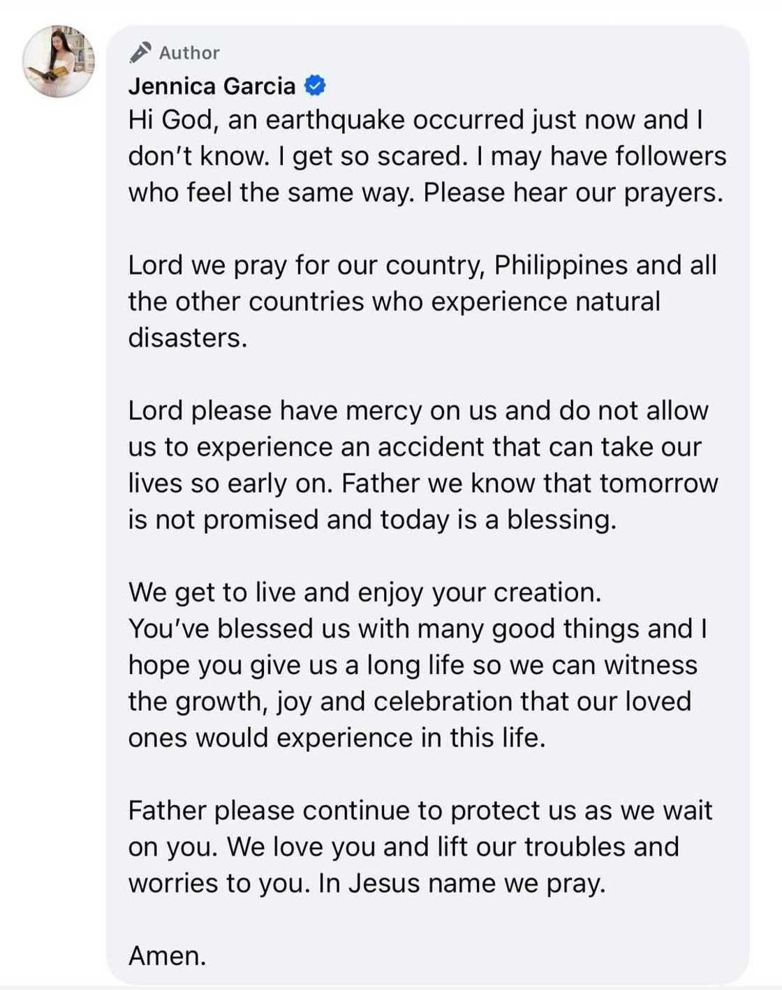 Jennica Garcia shares her fear and offers prayers after earthquake Jennica Garcia shares her fear and offers prayers after earthquake