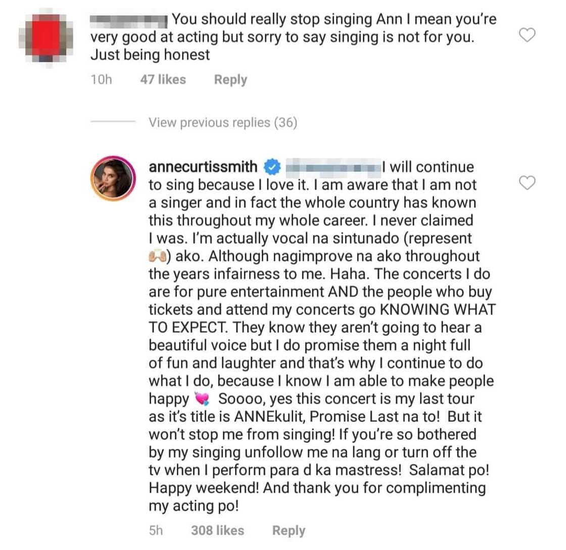 Anne Curtis' response to a basher who told her to stop singing draws various reactions