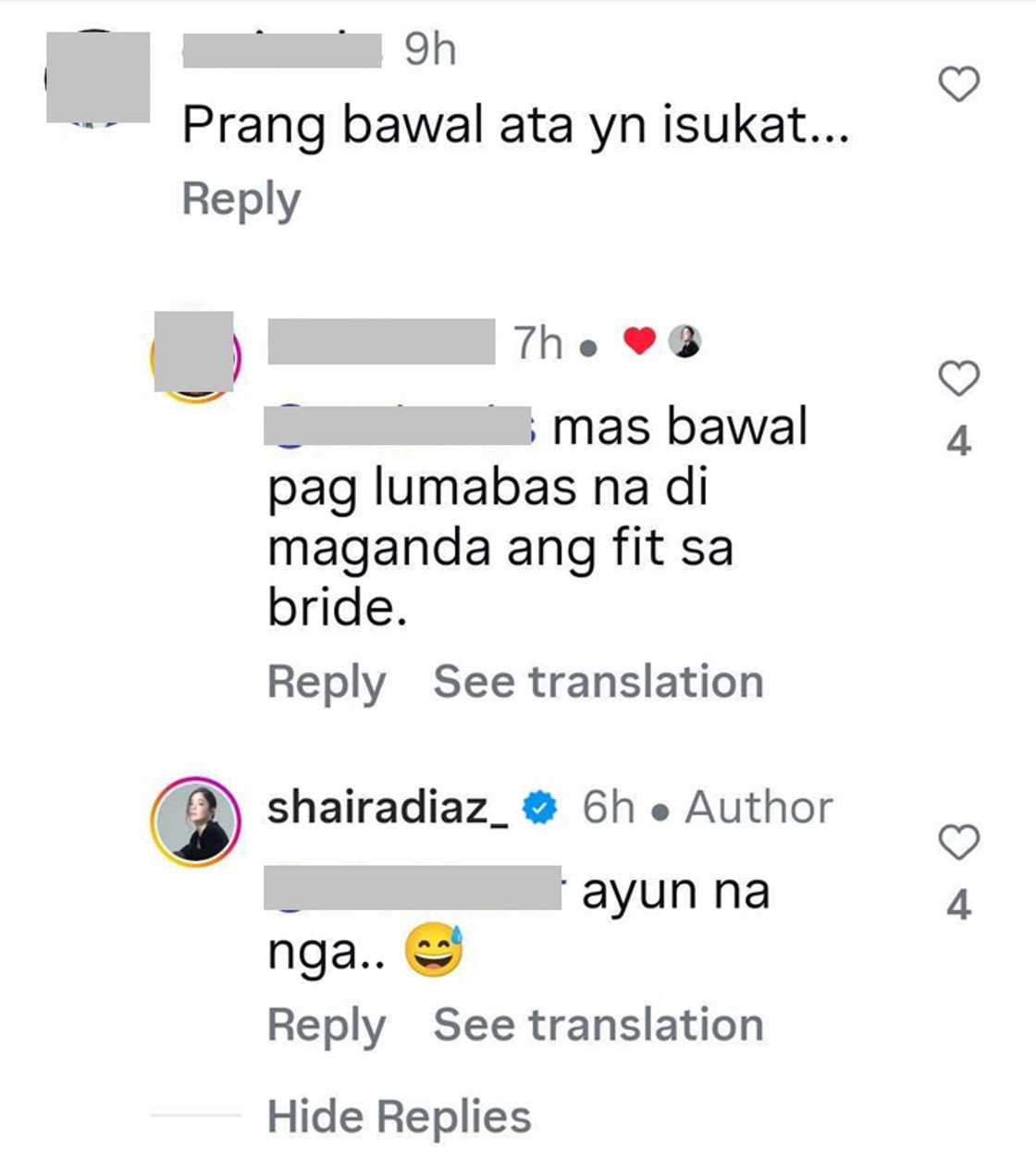 Shaira Diaz reacts to “bawal ata 'yan isukat” comment on her wedding dress fitting video