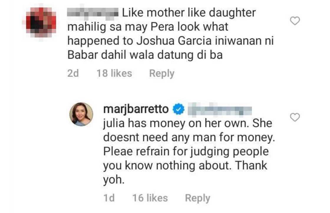 Marjorie Barretto, dinepensahan ang anak na si Julia Barretto mula sa mga bashers