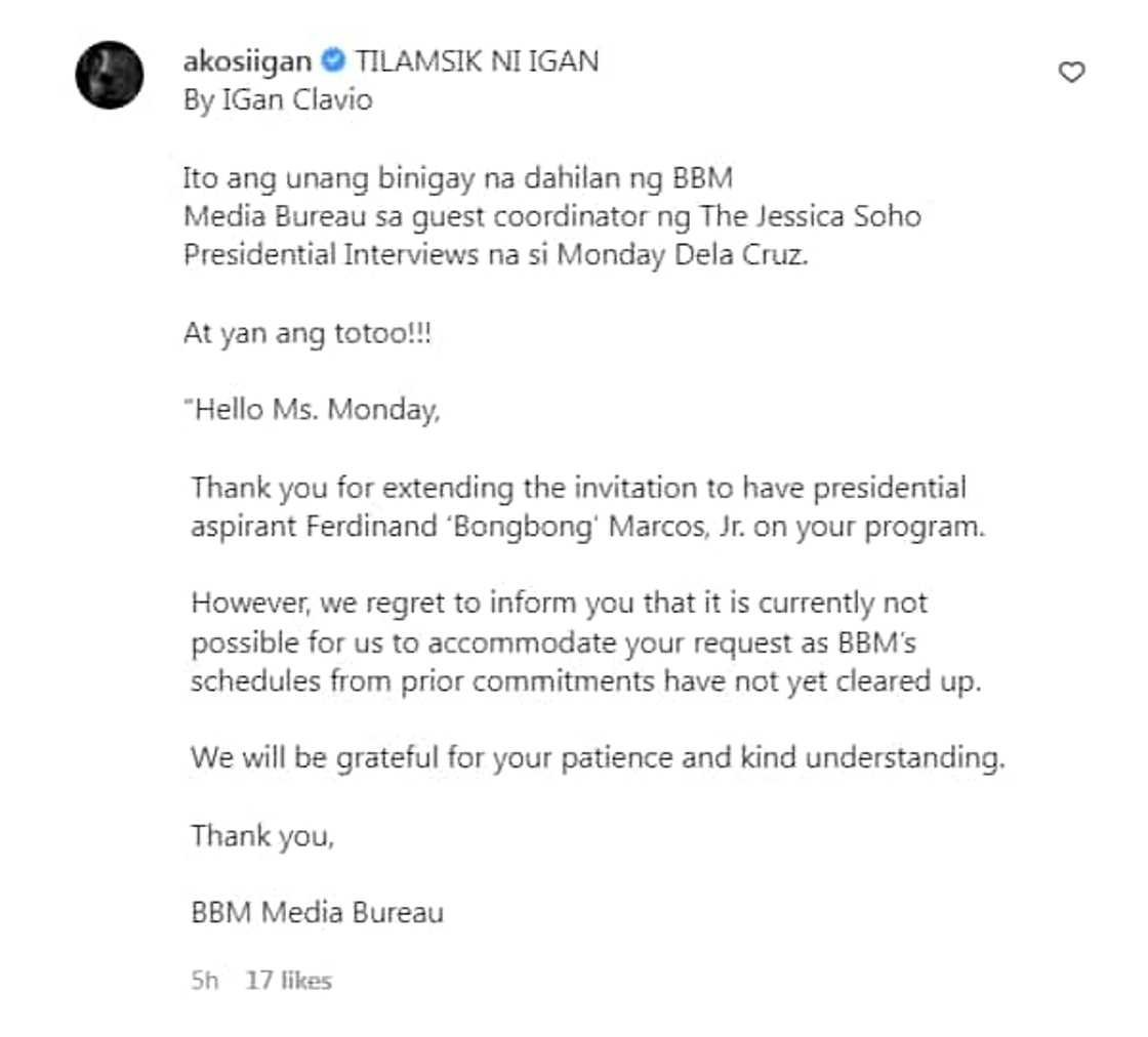 Arnold Clavio, ibinahagi ang diumano’y tugon ng kampo ni BBM sa Jessica Soho Interviews coordinator