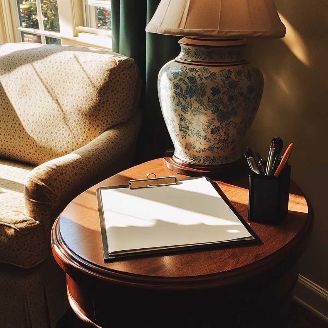 A clipboard on a side table A clipboard on a side table