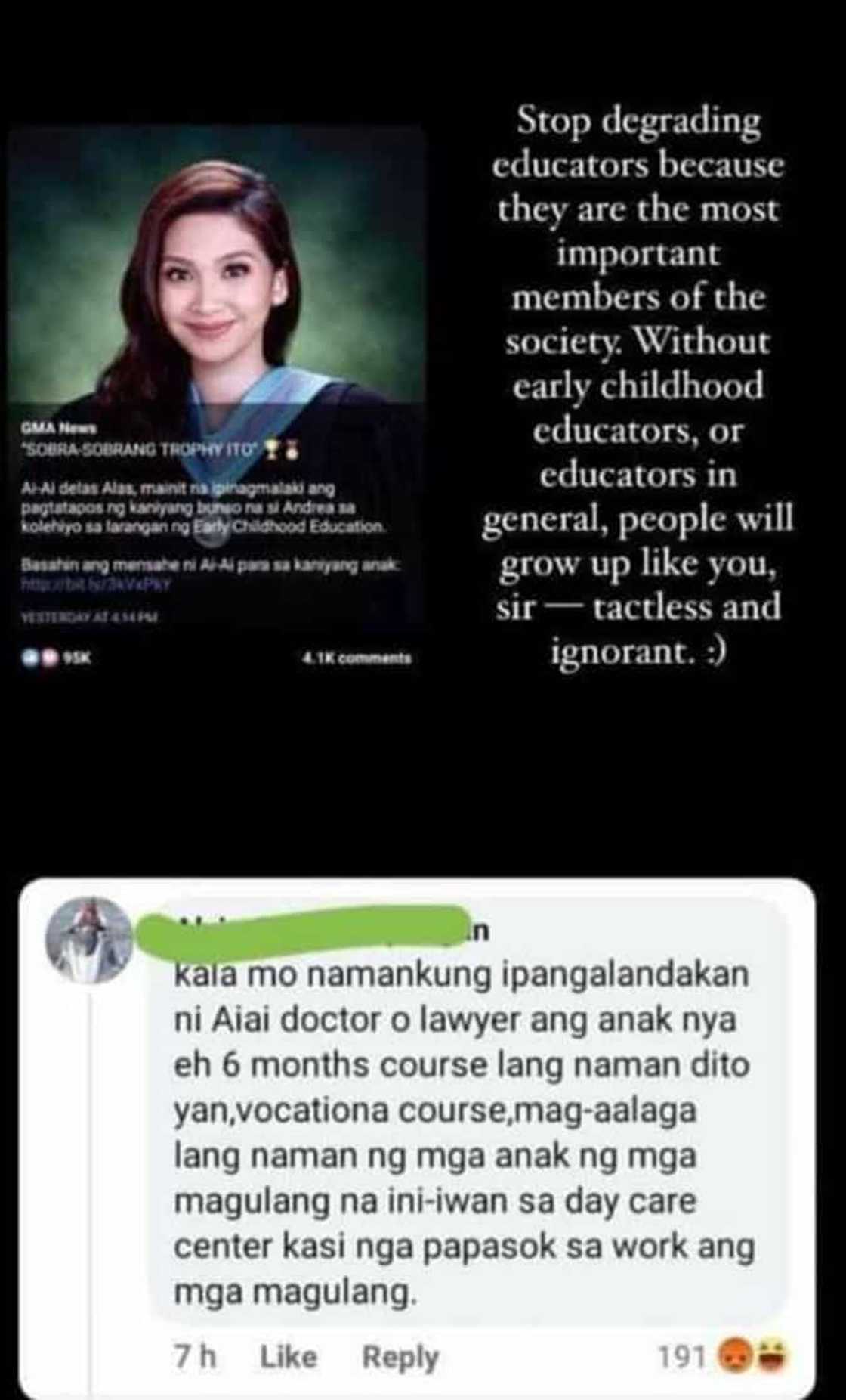 Anak ni Ai-Ai delas Alas, rumesbak sa basher na minaliit ang kursong tinapos niya Anak ni Ai-Ai delas Alas, rumesbak sa basher na minaliit ang kursong tinapos niya