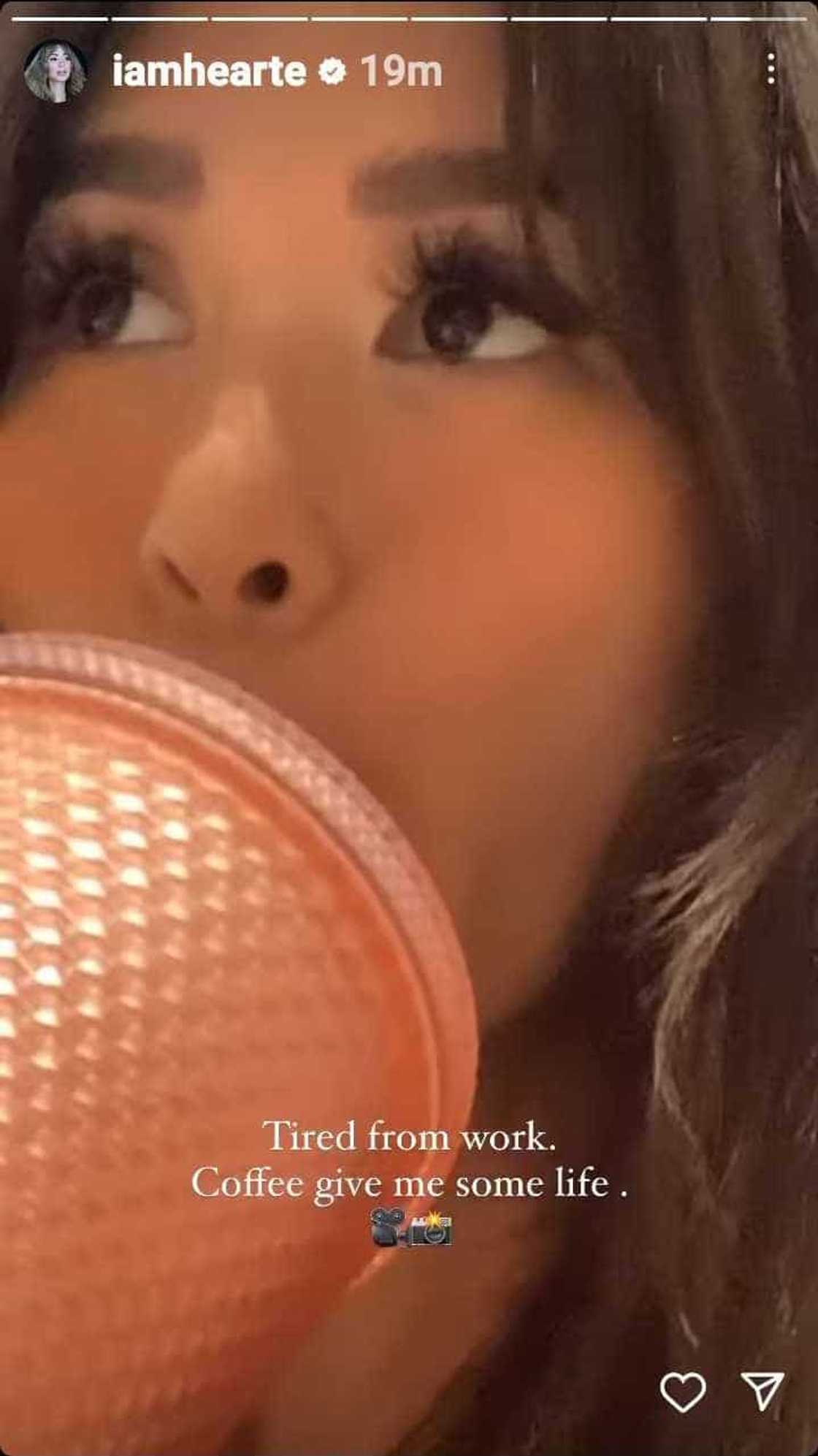 Heart Evangelista shares video showing her "tired from work" and drinking coffee Heart Evangelista shares video showing her "tired from work" and drinking coffee