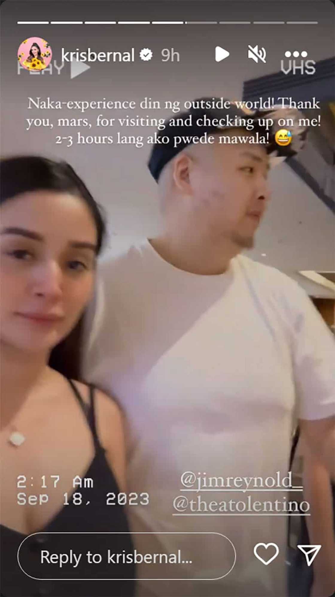 Kris Bernal, nakalabas na rin ng bahay sa wakas; hanggang tatlong oras lang pwedeng mawala Kris Bernal, nakalabas na rin ng bahay sa wakas; hanggang tatlong oras lang pwedeng mawala