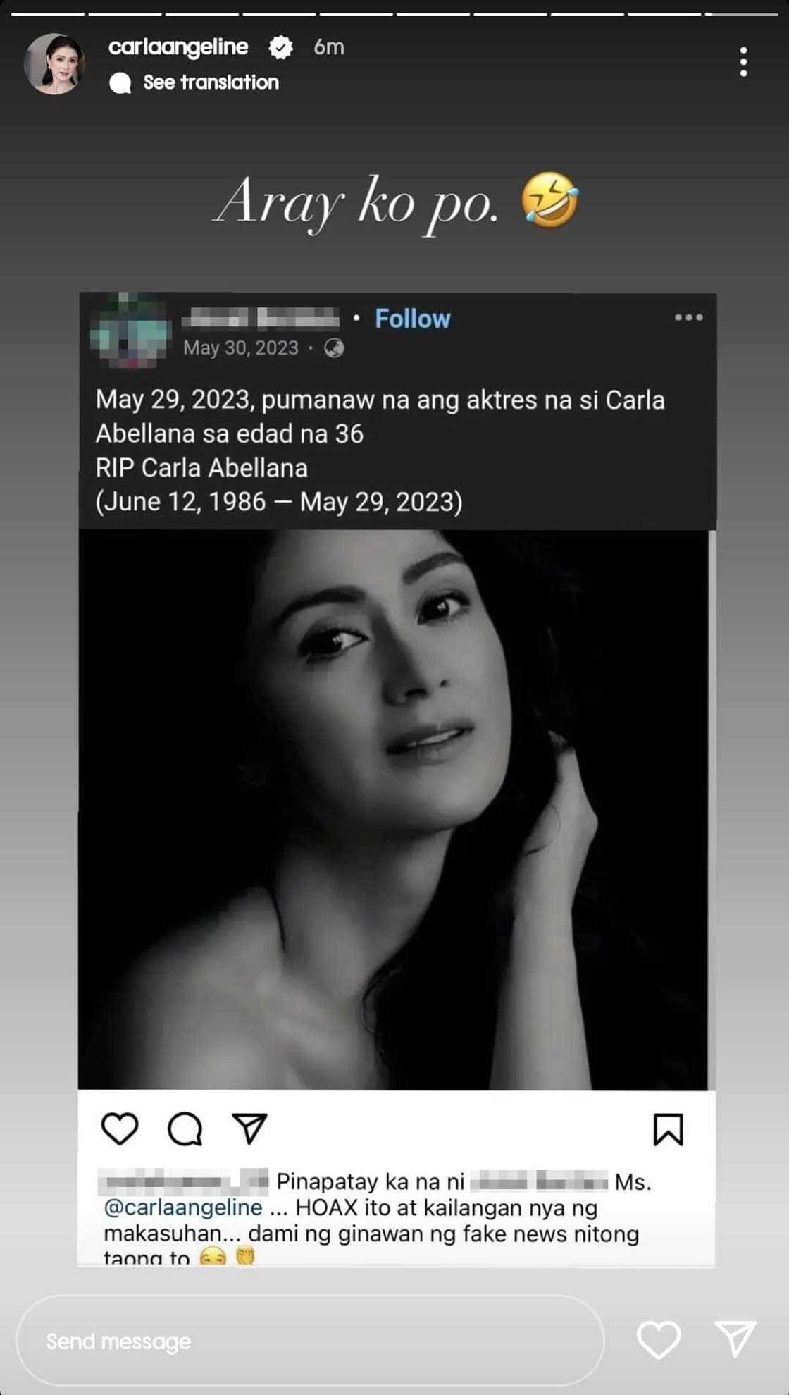 Carla Abellana, natawa sa chismis 'pumanaw' na siya: "Aray ko po" Carla Abellana, natawa sa chismis 'pumanaw' na siya: "Aray ko po"