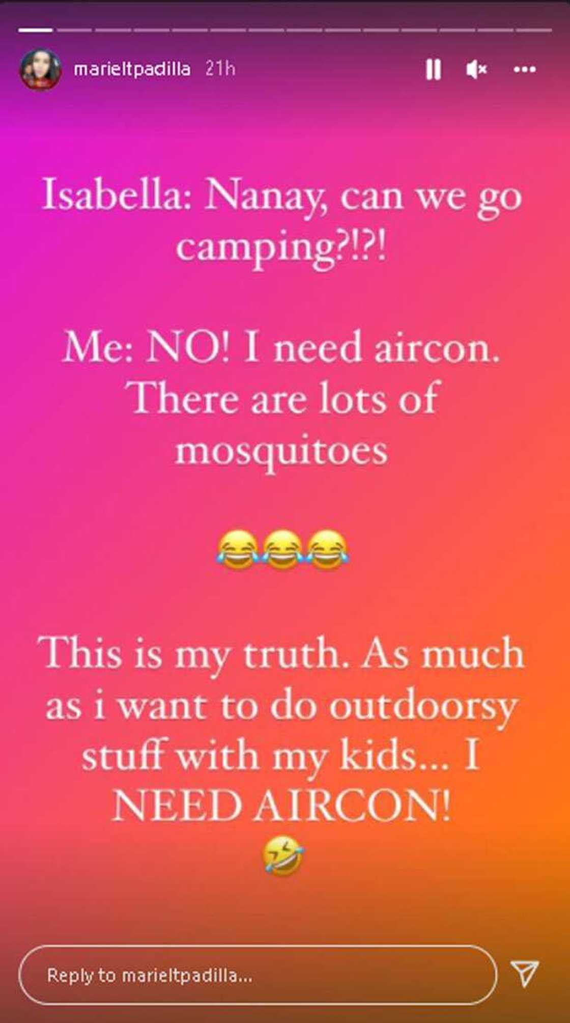 Mariel Padilla, hindi umano kayang mag-camping dahil maraming lamok: “I need aircon” Mariel Padilla, hindi umano kayang mag-camping dahil maraming lamok: “I need aircon”
