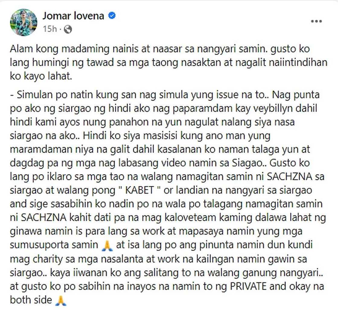 Jomar Lovena, nilinaw na walang namamagitan sa kanila ni Sachzna Laparan