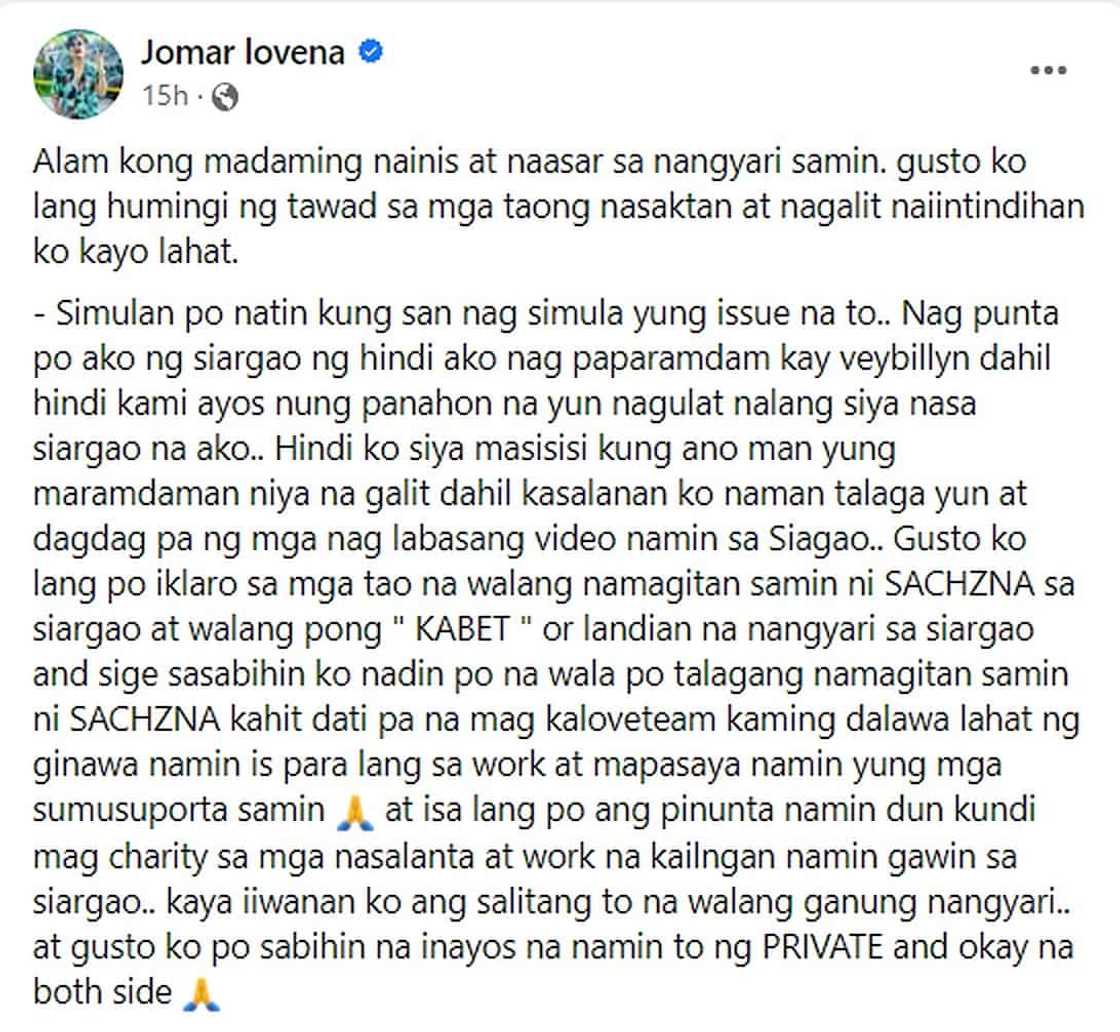 Jomar Lovena, nilinaw na walang namamagitan sa kanila ni Sachzna Laparan Jomar Lovena, nilinaw na walang namamagitan sa kanila ni Sachzna Laparan