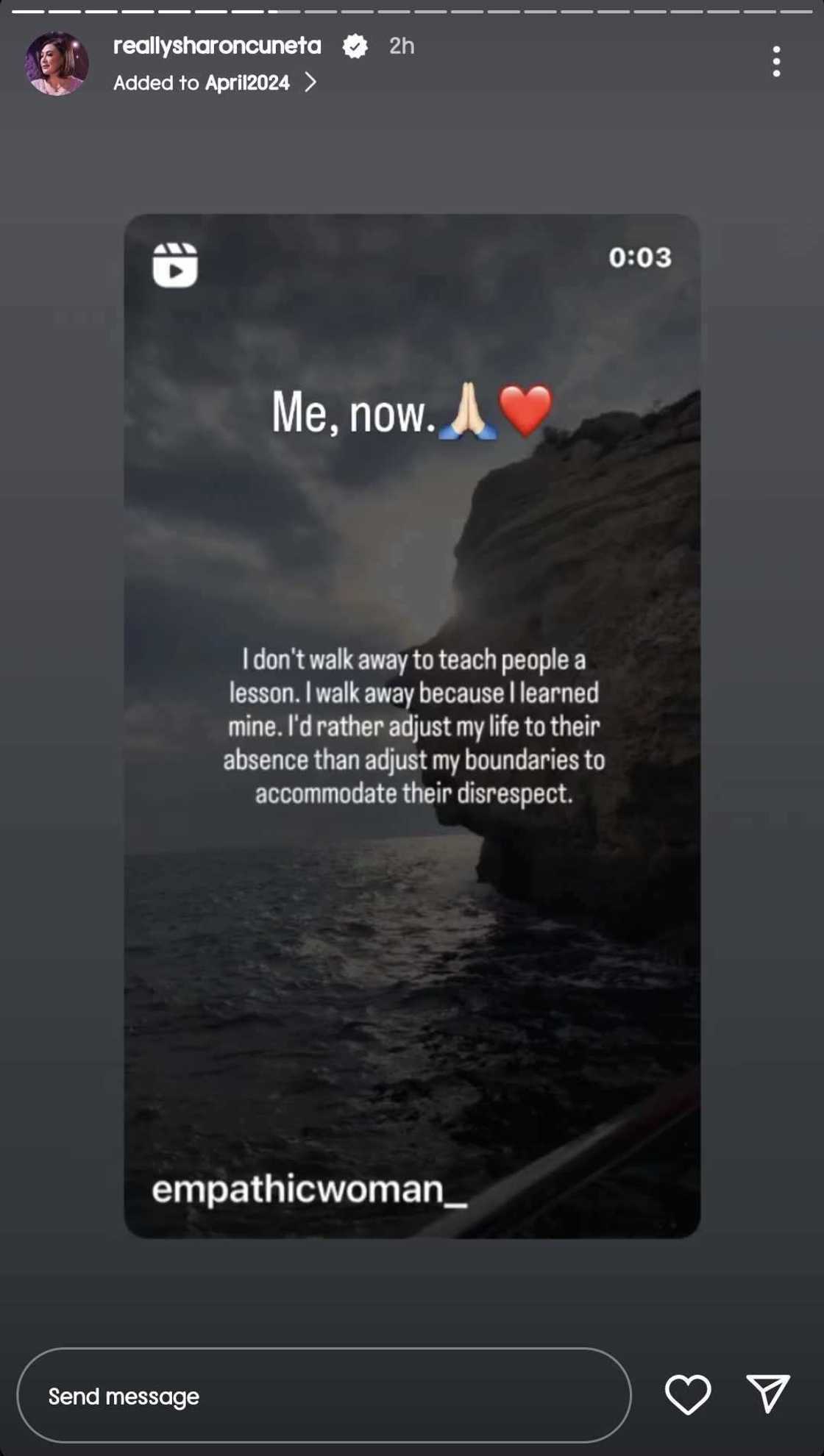 Sharon Cuneta reposts quote card anew: "I walk away because I learned mine" Sharon Cuneta reposts quote card anew: "I walk away because I learned mine"