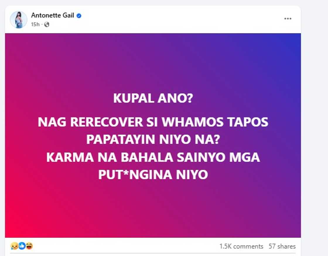 Antonette Gail, umalma sa ginawa kay Whamos: "Tama ba na patayin at sabihin pumanaw na?