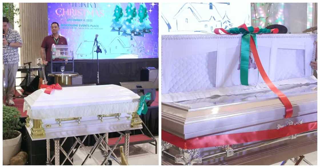 Brand new na ataul, ginawang papremyo sa isang Christmas party Brand new na ataul, ginawang papremyo sa isang Christmas party