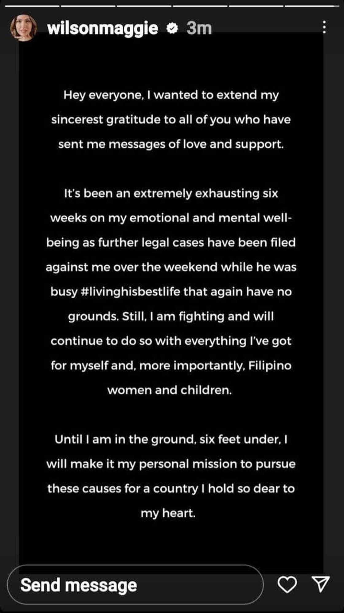 Maggie Wilson, nagpasalamat sa mga sumusuporta: “I am fighting and will continue to do so” Maggie Wilson, nagpasalamat sa mga sumusuporta: “I am fighting and will continue to do so”