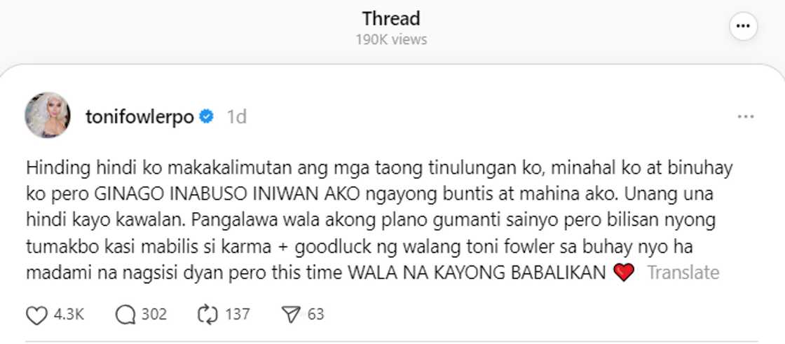 Toni Fowler, nag-post tungkol sa taong nang-iwan sa kanya: "Wala na kayong babalikan"