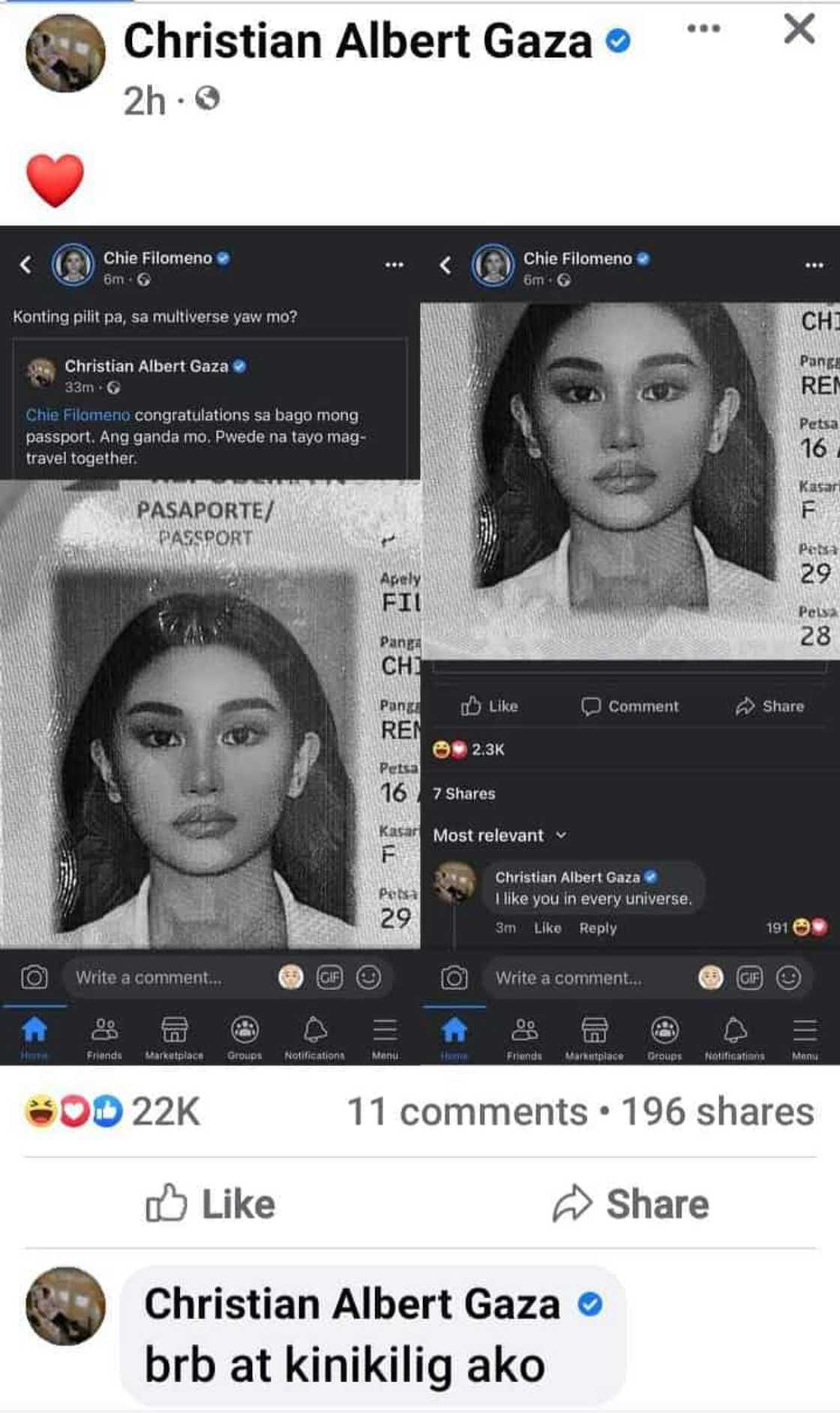 Xian Gaza, kinilig umano matapos ang palitan nila ng posts ni Chie Filomeno