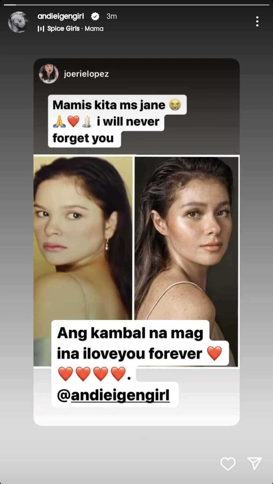 Andi Eigenmann reposts Jhoery Lopez's tribute for Jaclyn Jose