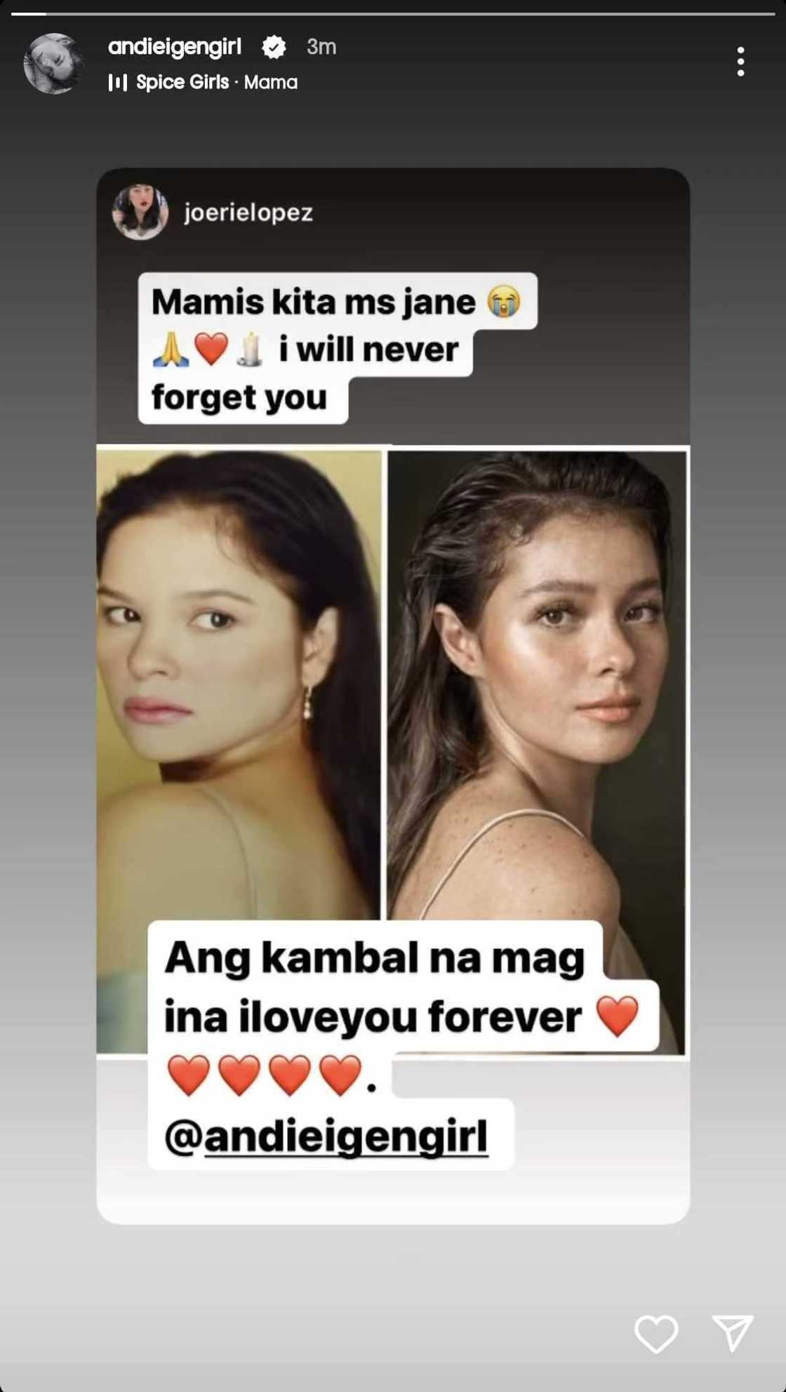 Andi Eigenmann reposts Jhoery Lopez's tribute for Jaclyn Jose Andi Eigenmann reposts Jhoery Lopez's tribute for Jaclyn Jose