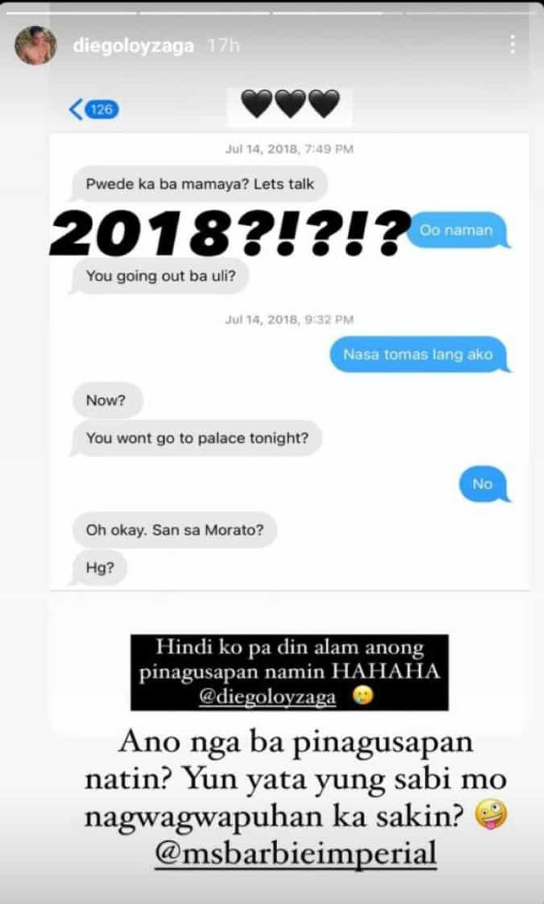 Barbie Imperial shares old convos with Diego Loyzaga, back in 2018 Barbie Imperial shares old convos with Diego Loyzaga, back in 2018