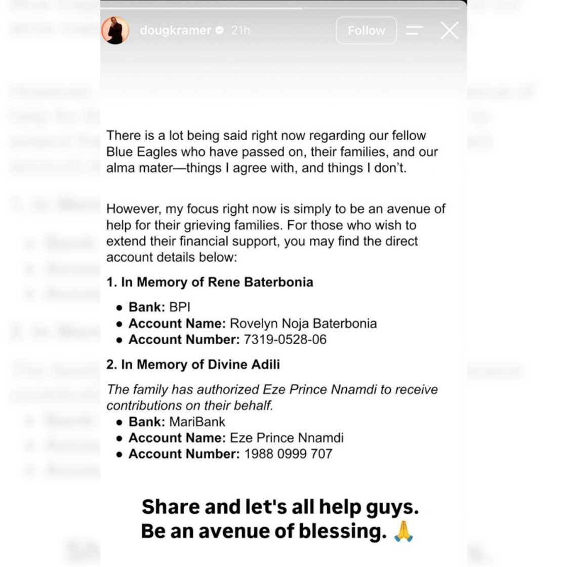 Doug Kramer, nanawagan ng tulong pinansyal para sa pamilya nina Rene Baterbonia at Divine Adili Doug Kramer, nanawagan ng tulong pinansyal para sa pamilya nina Rene Baterbonia at Divine Adili