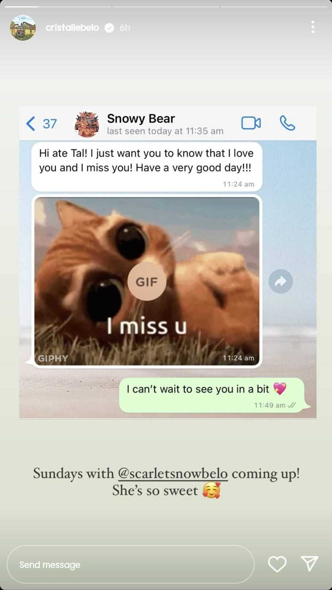 Cristalle Belo, ipinakita ang sweet convo nila ni Scarlet Snow: "She's so sweet" Cristalle Belo, ipinakita ang sweet convo nila ni Scarlet Snow: "She's so sweet"