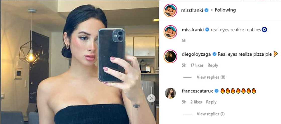 Diego Loyzaga reacts to Franki Russell's stunning pics: "Real eyes realize pizza pie" Diego Loyzaga reacts to Franki Russell's stunning pics: "Real eyes realize pizza pie"