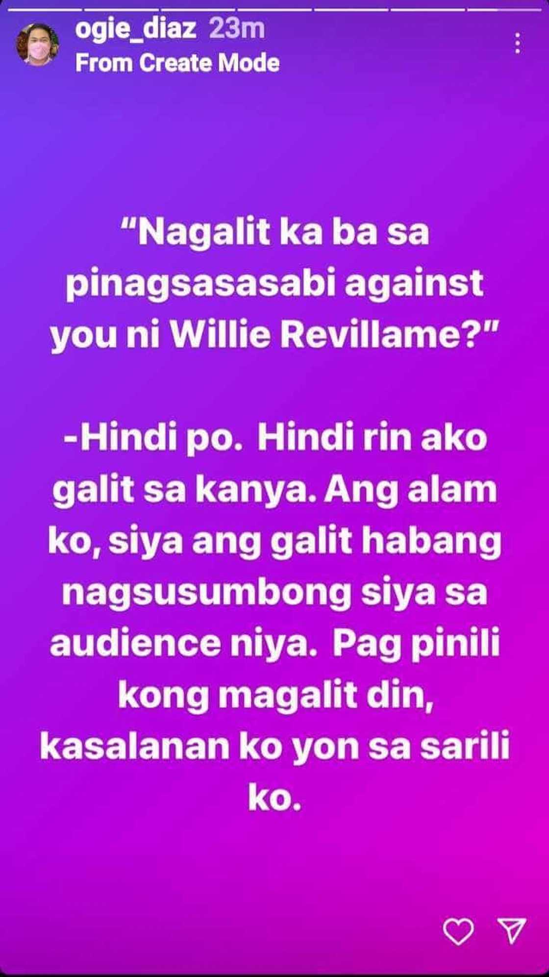 Ogie Diaz, nilinaw na hindi siya galit kay Willie Revillame: “Ang alam ko, siya ang galit”