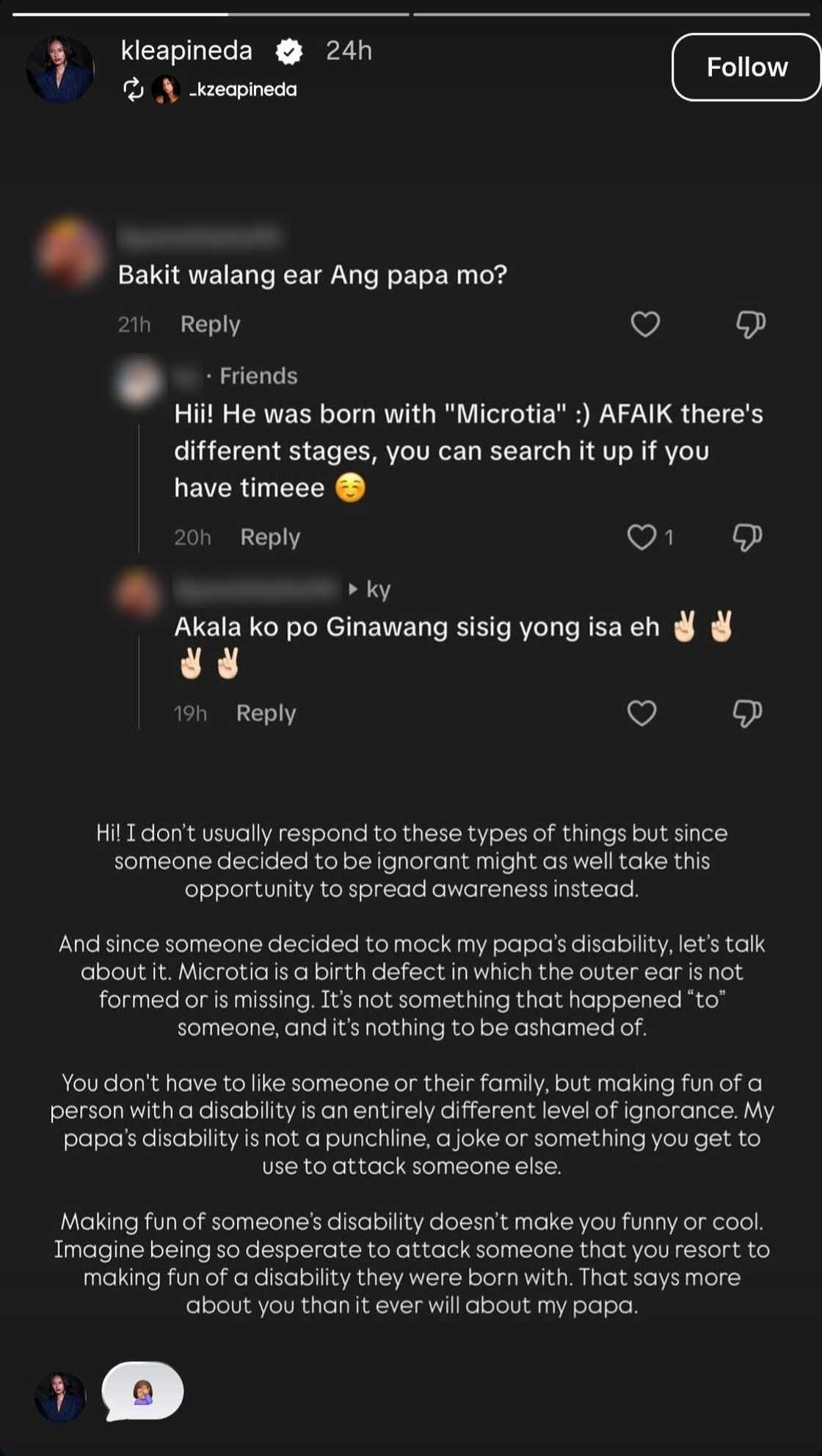 "Not a punchline": Klea Pineda, pumalag sa pambabastos ng netizen sa disability ng kanyang ama