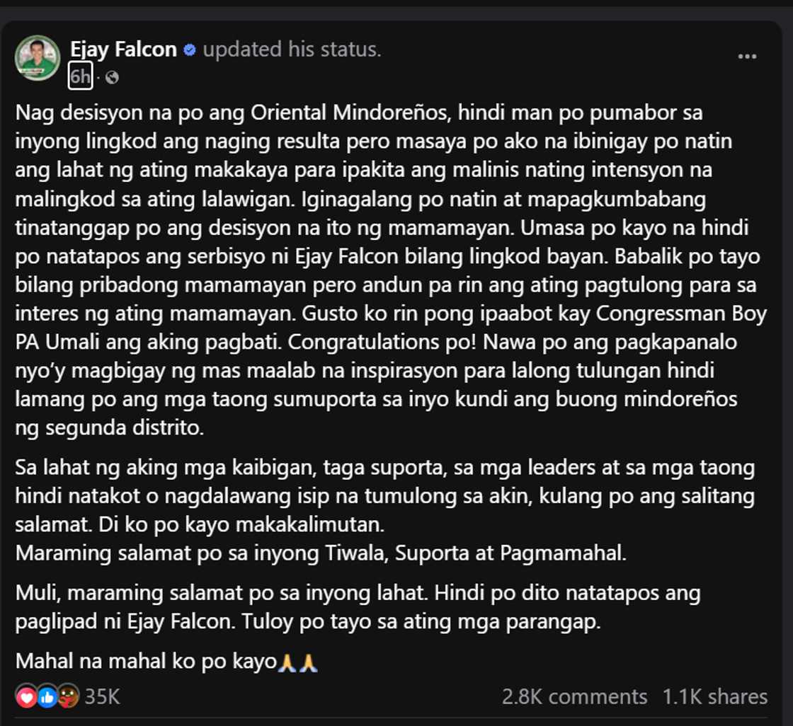 Ejay Falcon, nag-concede; tinanggap na ang resulta ng halalan: “Maraming salamat po” Ejay Falcon, nag-concede; tinanggap na ang resulta ng halalan: “Maraming salamat po”