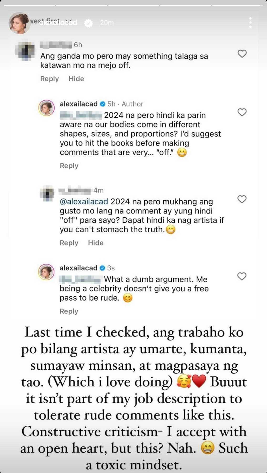 Alexa Ilacad, sinupalpal ang basher na nagsabing may "off" sa katawan niya