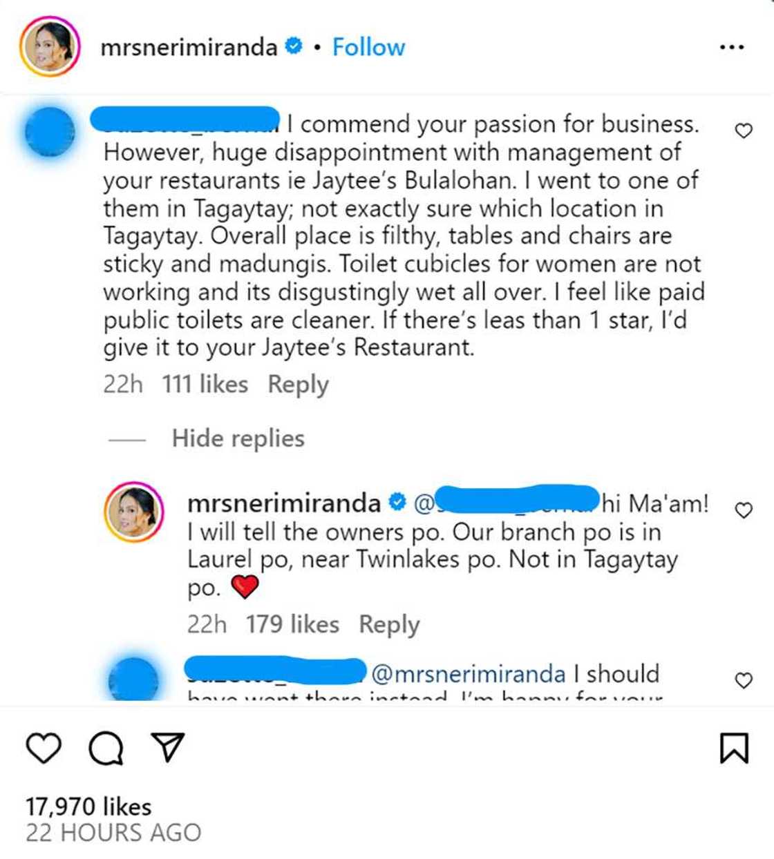 Neri Miranda, classy reply sa nagri-reklamong customer, pinuri ng netizens: “Our branch po is in Laurel po” Neri Miranda, classy reply sa nagri-reklamong customer, pinuri ng netizens: “Our branch po is in Laurel po”