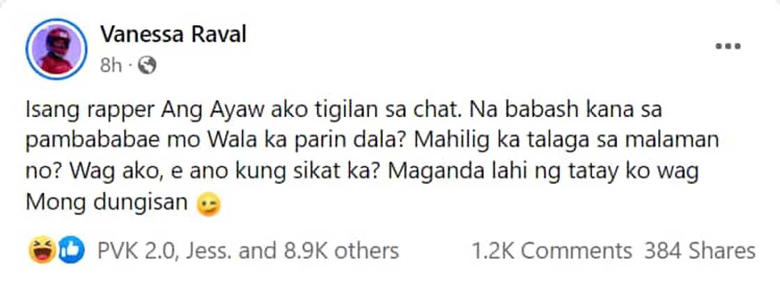 Vanessa Raval, umalma sa isang rapper na umano'y di siya tinitigilan sa chat Vanessa Raval, umalma sa isang rapper na umano'y di siya tinitigilan sa chat