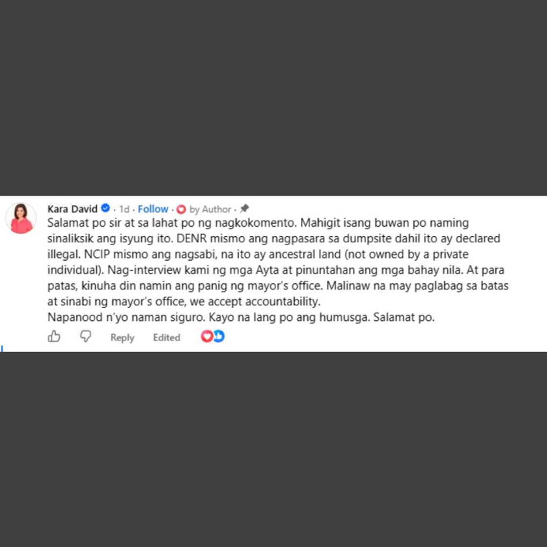 Kara David, umalma matapos pagdudahan ang dokumentaryo dahil sa post ni Boss Toyo
