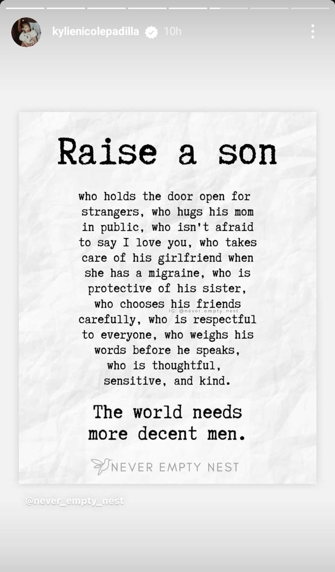 Kylie Padilla, nag-share ng quote card ukol sa pagpapalaki ng anak para maging “decent man” Kylie Padilla, nag-share ng quote card ukol sa pagpapalaki ng anak para maging “decent man”