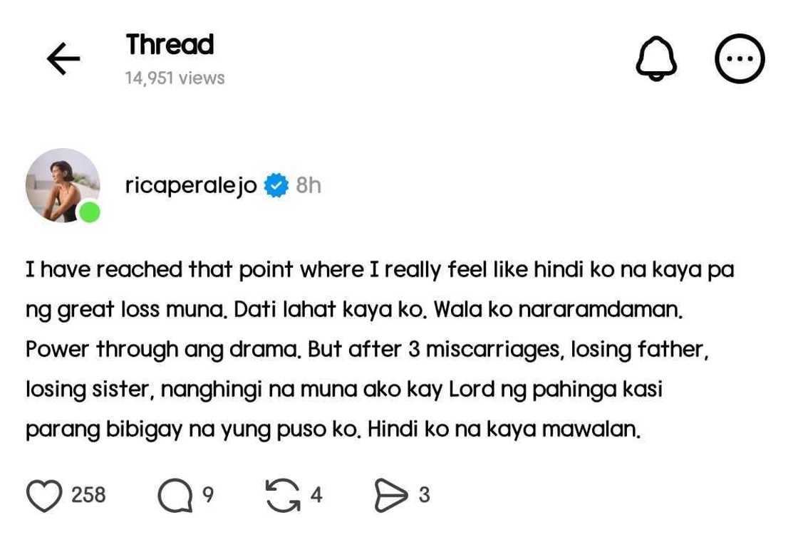 Rica Peralejo pens a raw and honest note about 'great loss': "Parang bibigay na yung puso ko" Rica Peralejo pens a raw and honest note about 'great loss': "Parang bibigay na yung puso ko"