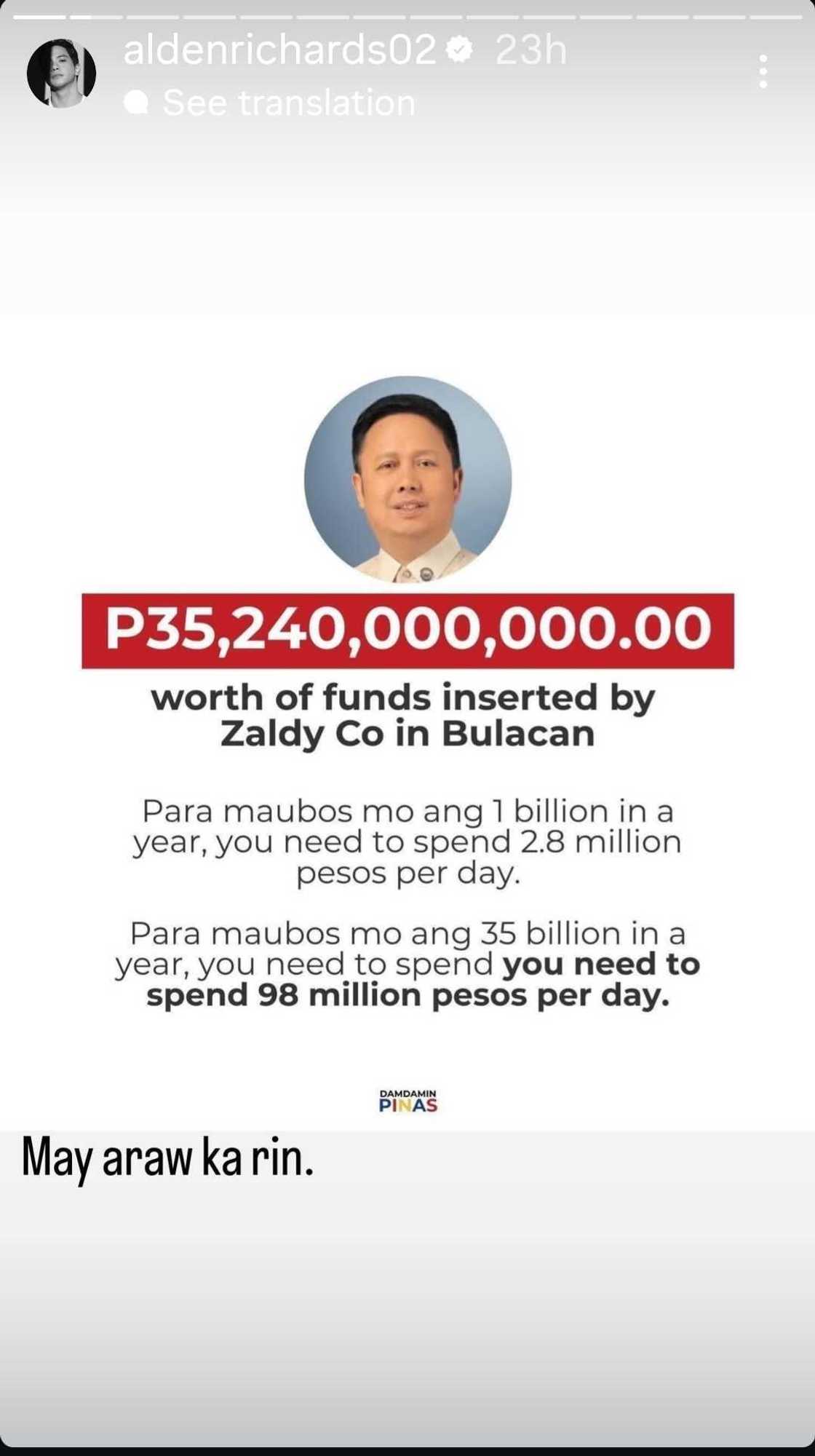 Alden Richards reacts to alleged ₱35 billion fund insertions of Zaldy Co