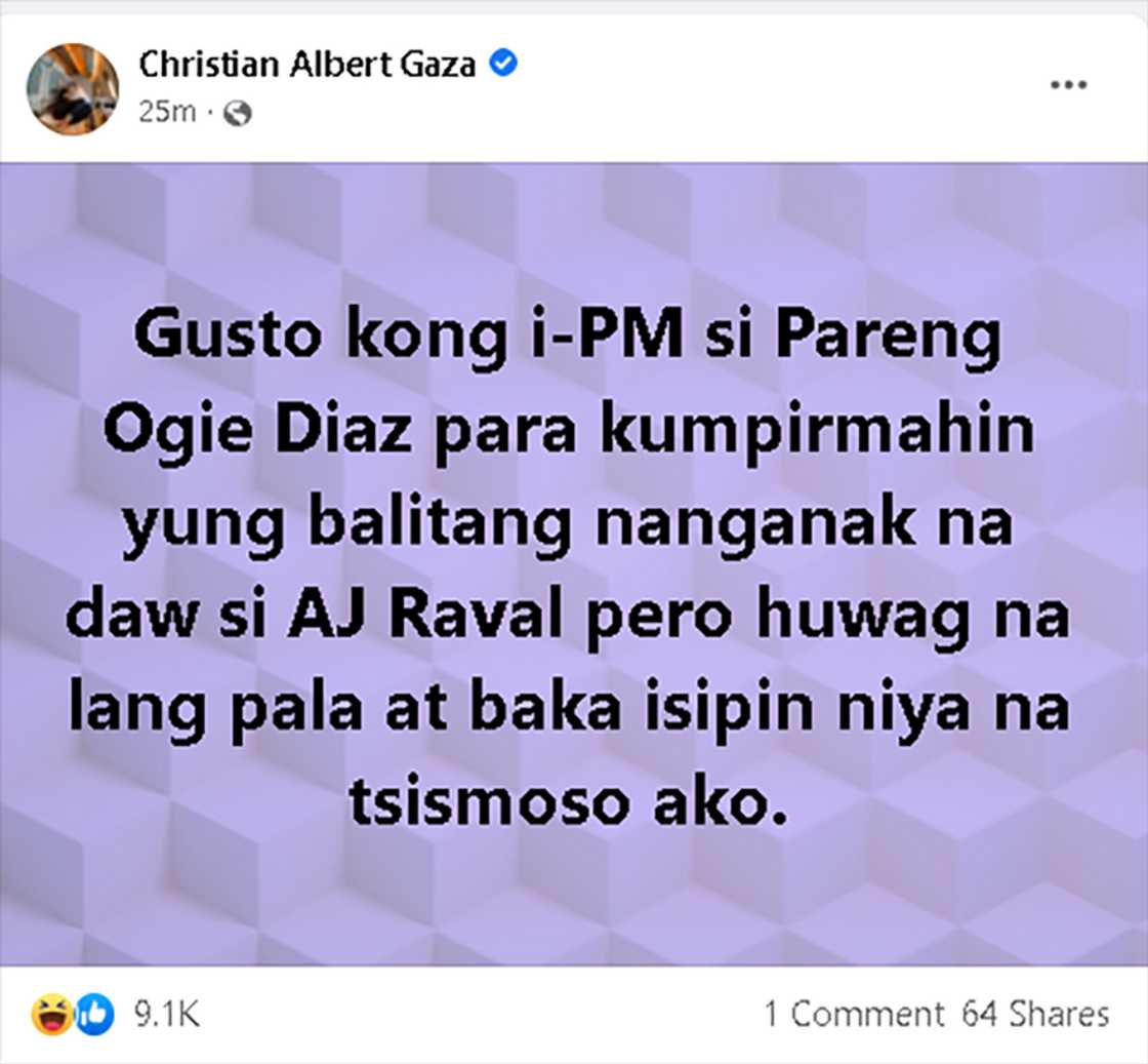Xian Gaza, gusto raw niyang kumpirmahin kay Ogie Diaz kung totoo ang balitang nanganak umano si AJ Raval Xian Gaza, gusto raw niyang kumpirmahin kay Ogie Diaz kung totoo ang balitang nanganak umano si AJ Raval